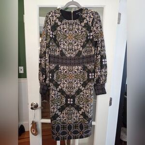 Maggy London Olive, Cream and Black Printed Long Sleeve Dress - Size 14